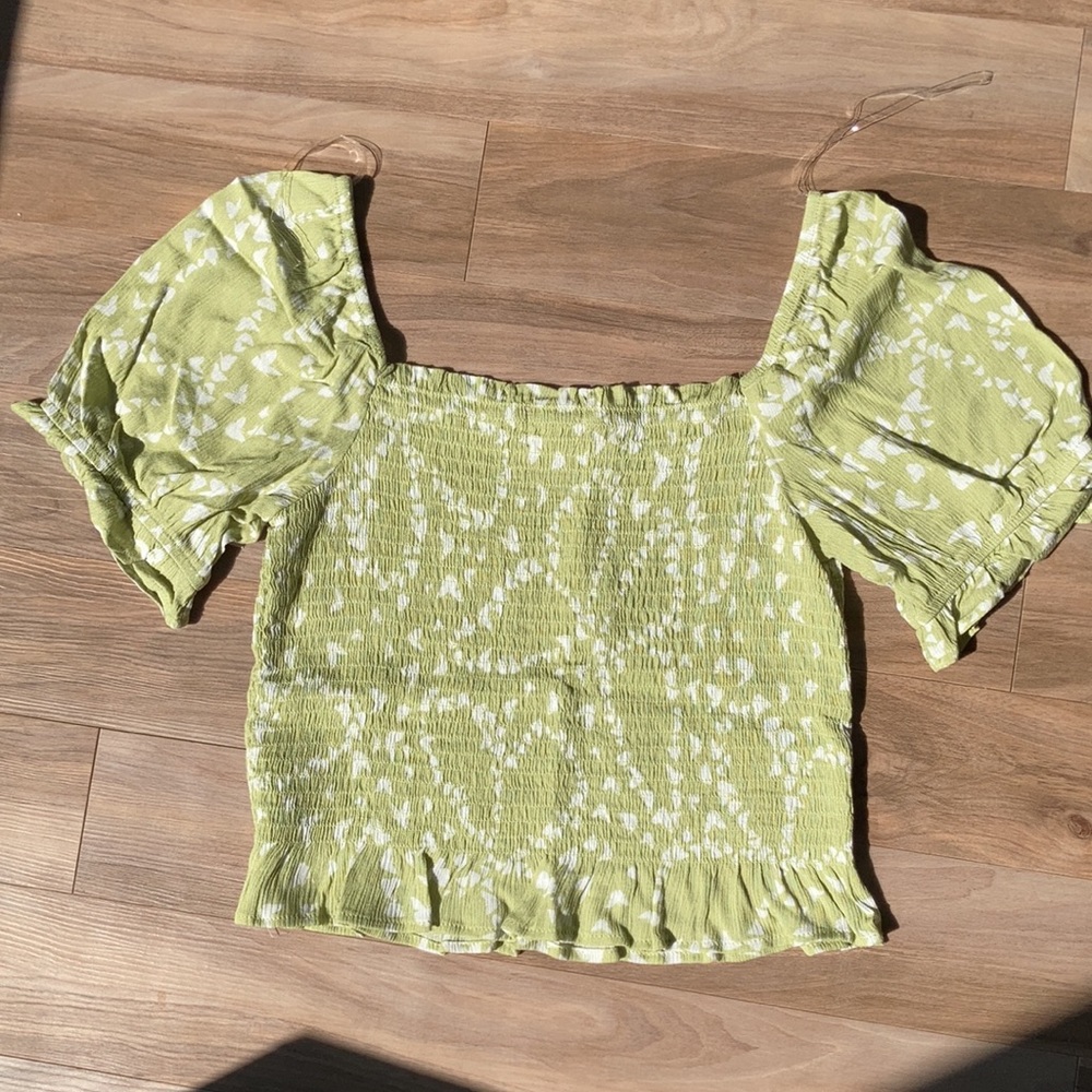 So crop top smocked puff sleeve boho casual butterfly abstract print L jrs - Picture 15 of 16